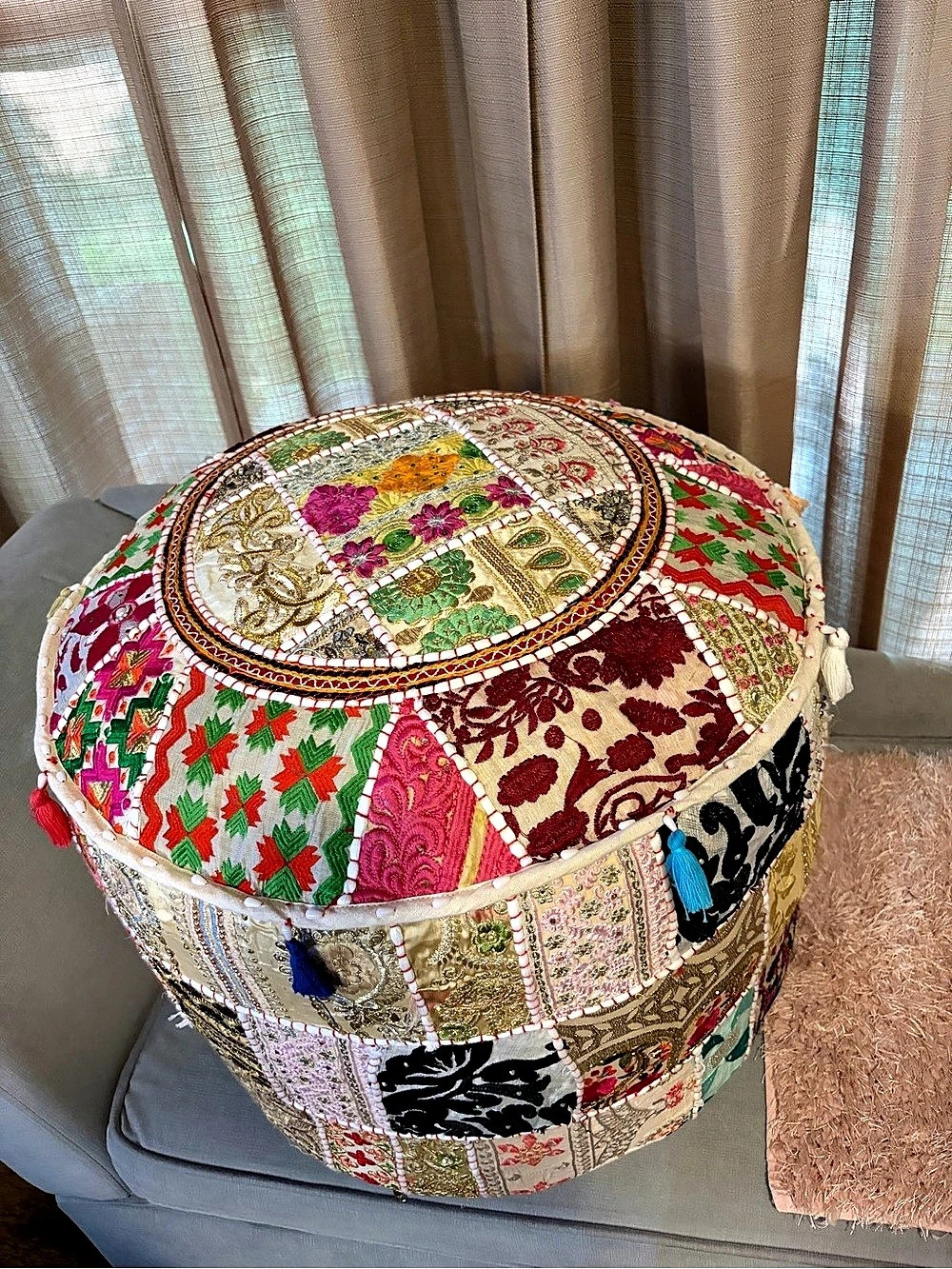 Indian Vintage Patchwork Khambadiya Floor Pouf Ottoman